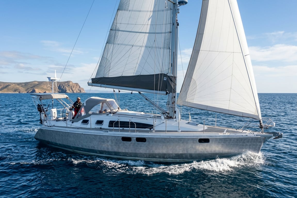 Close view of Ovni 395 deck showing winches and rigging