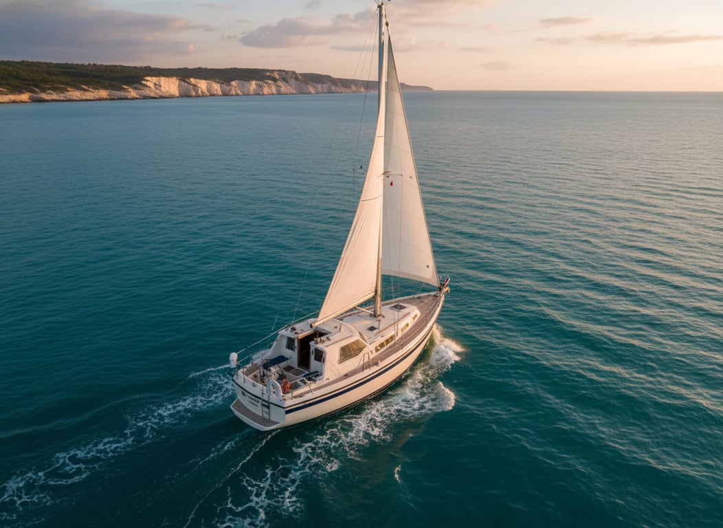 LM 32 interior cabin with teak wood paneling, U-shaped galley, large windows, cozy seating area