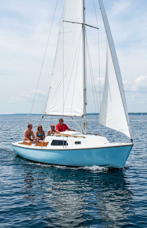 Boat under sail with crew on deck in coastal setting
