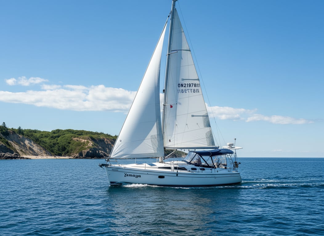 Stern view of Hunter 36 yacht at sea, white hull with swim platform and open transom