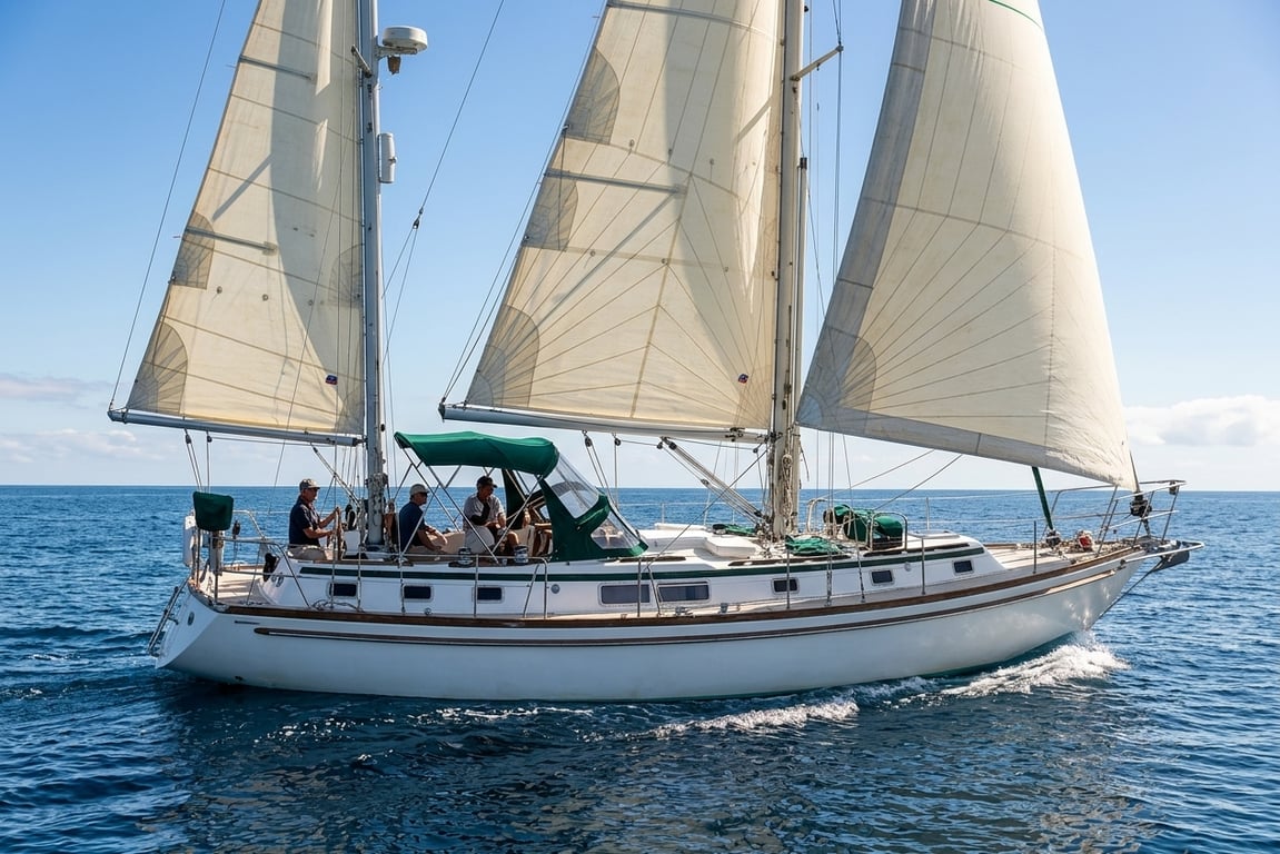Gulfstar 50 under sail showing classic center cockpit profile on open water.