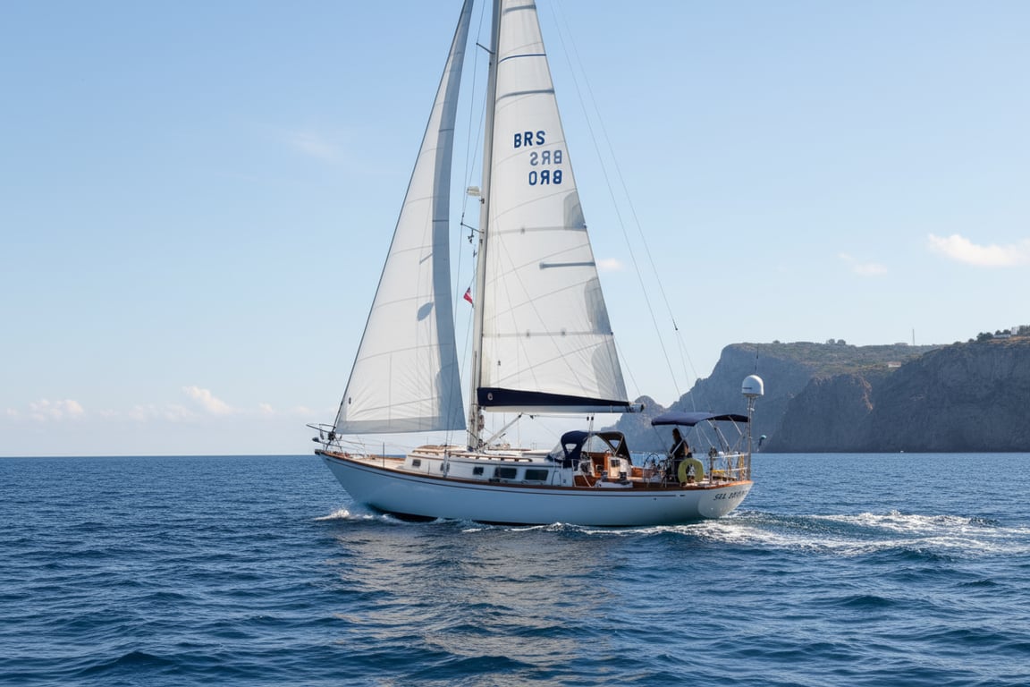 Bristol 40 yacht sailing in moderate breeze, broad reach view, white hull gleaming, genoa and mainsail set, ocean horizon