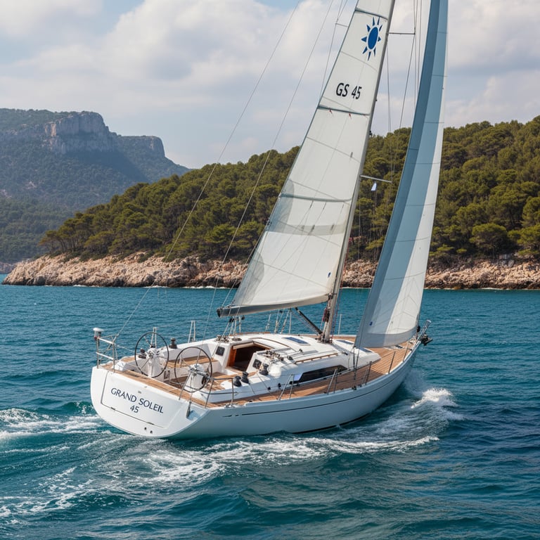 Grand Soleil 45 sailing yacht under full white sails on calm blue waters, sleek dark hull and carbon mast