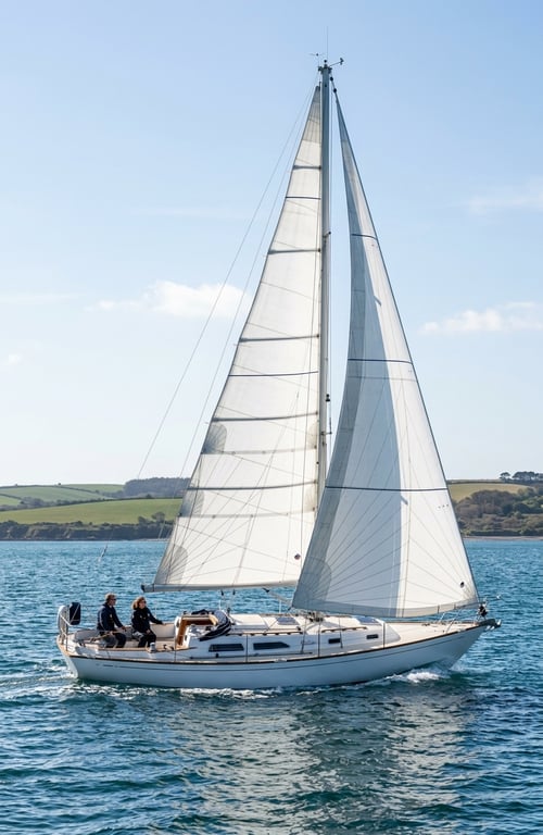 Rustler 36 sailboat anchored in calm water showing long keel profile and classic lines