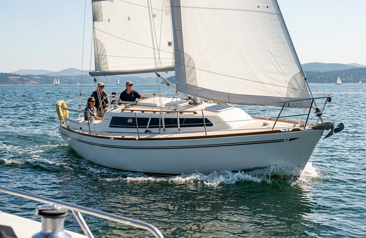 Cal 9.2 heeling moderately while sailing upwind with crew on rail