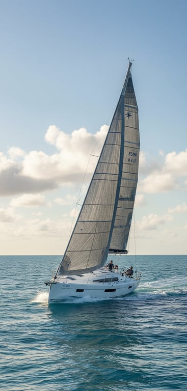 Jeanneau Sun Odyssey 410 sailing yacht under full sail on open blue water, white hull, sleek lines