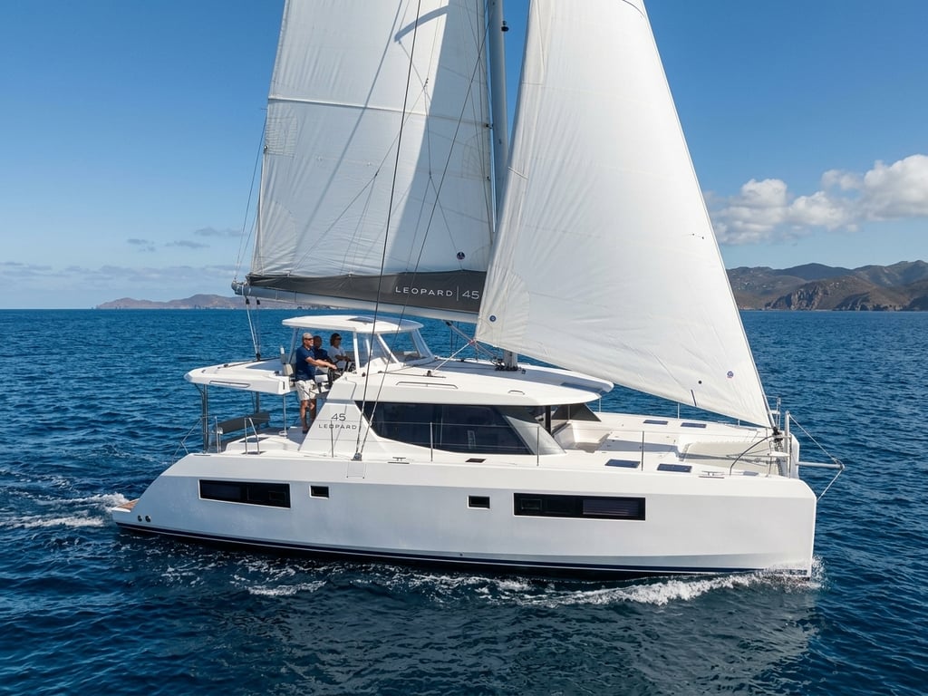 Close-up view of Leopard 45 hull construction and deck layout