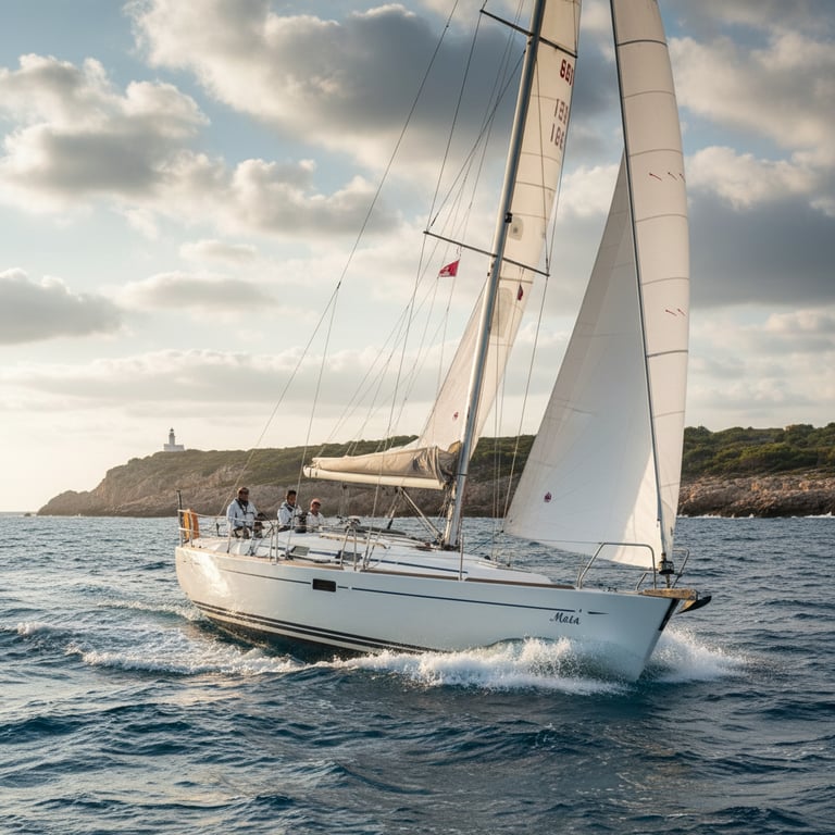 Elan 410 sailing yacht with white hull sailing on blue water, broad reach, large mainsail and genoa, port side view