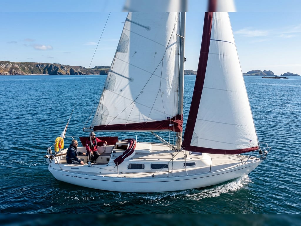 Close-up view of Marieholm 26 hull showing fiberglass construction and deck fittings