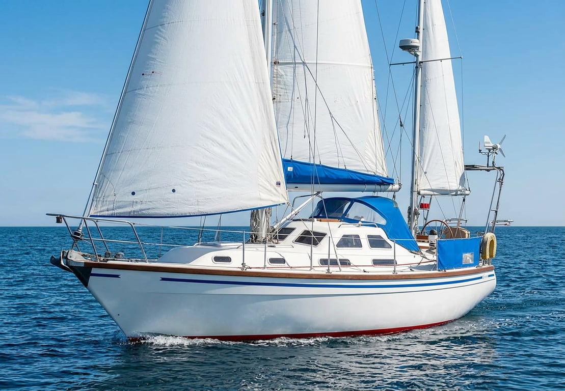 Colvic Countess 35 under sail showing classic masthead sloop rig and moderate freeboard