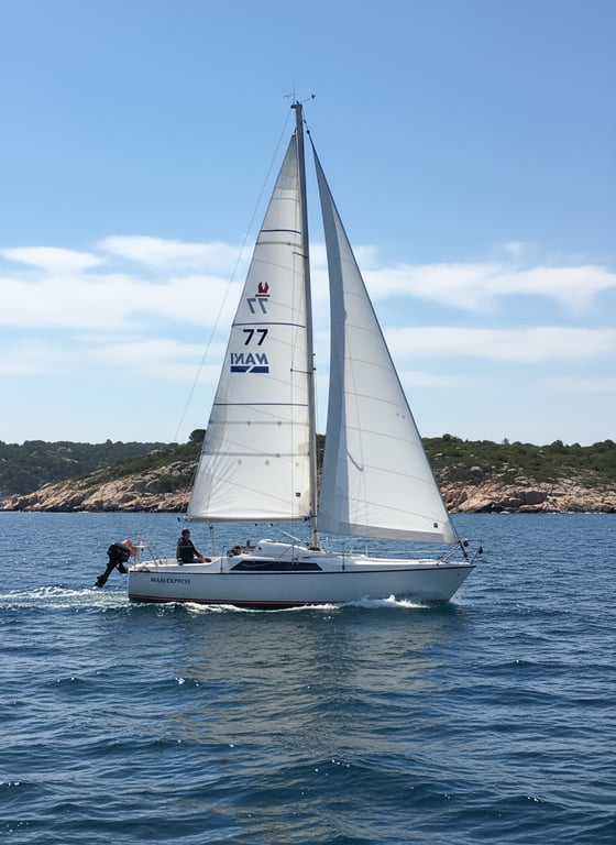 Sleek white Maxi 77 yacht at anchor in calm turquoise waters, teak deck, carbon mast