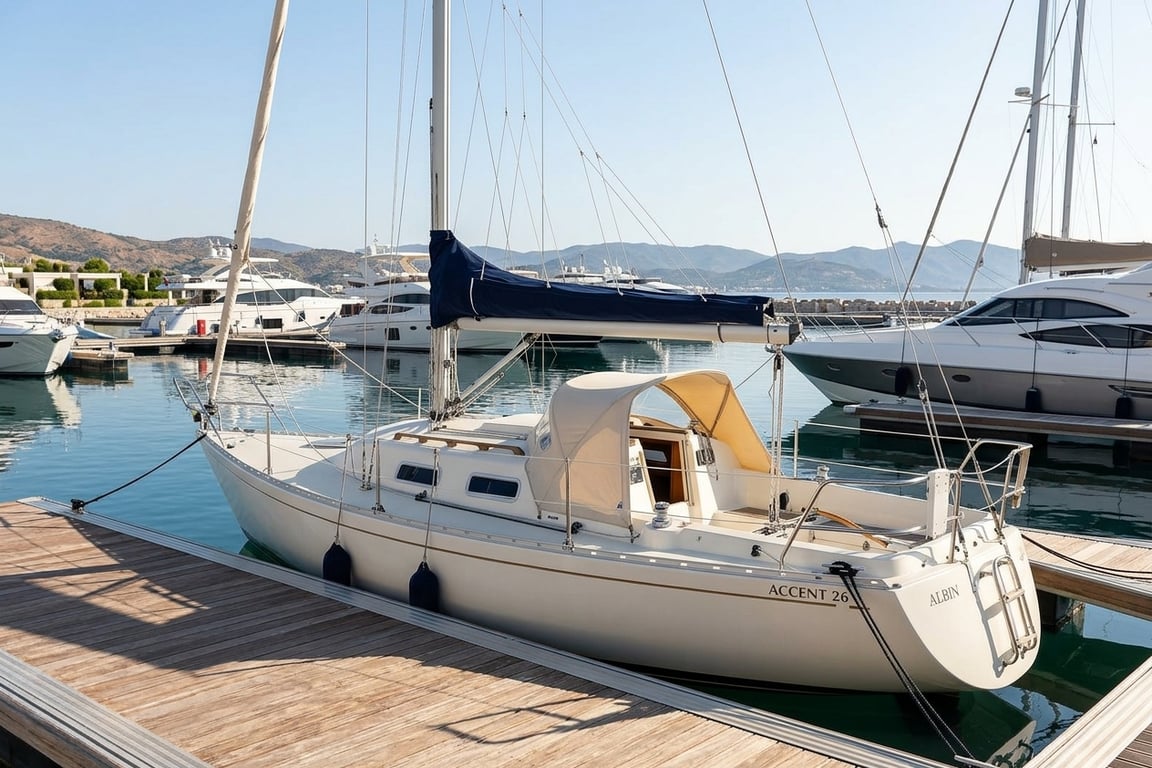 Cabin interior showing berths and table arrangement on Accent 26
