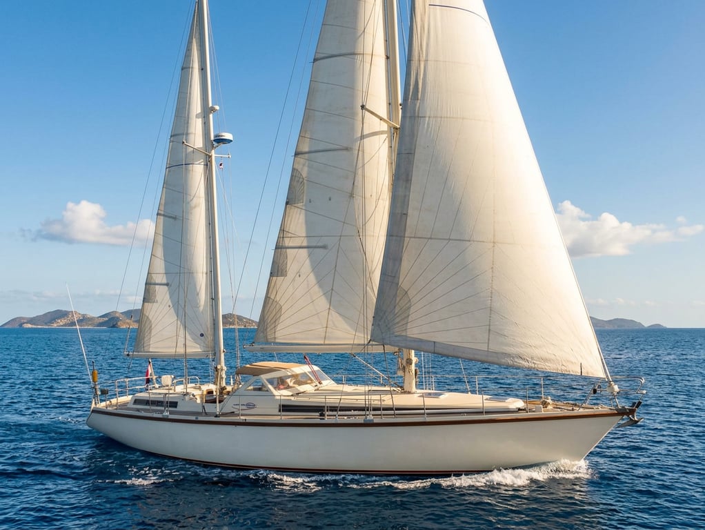 Close-up view of Amel Super Maramu hull and deck saloon structure