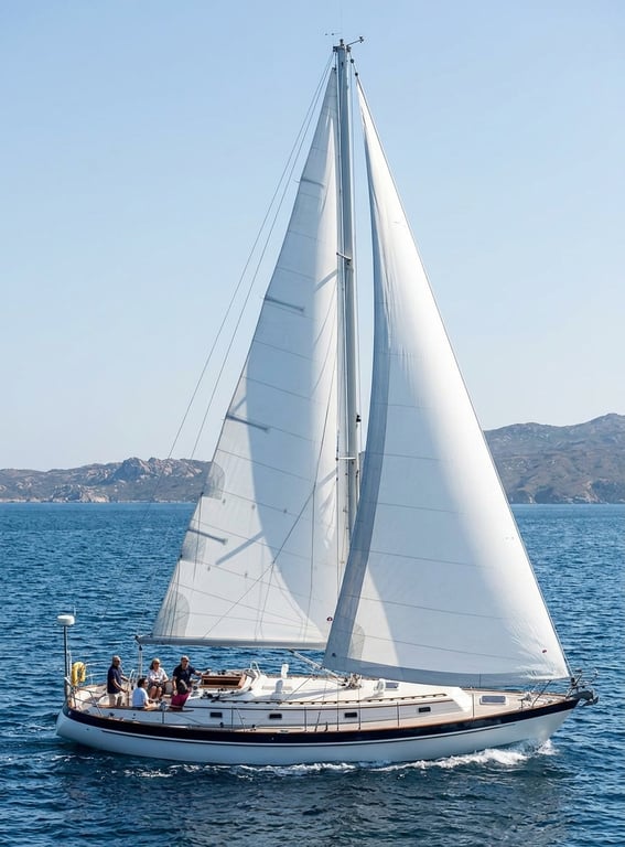 Valiant 40 sailboat under sail with white hull and mainsail raised on open water