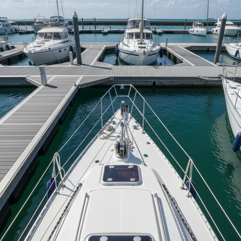 Etap 32s yacht docked at marina, stern view showing swim platform and white deck