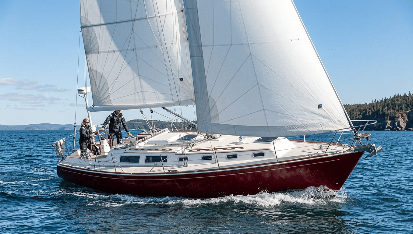 Detailed view of Sabre 38 deck and cockpit with teak trim and winches