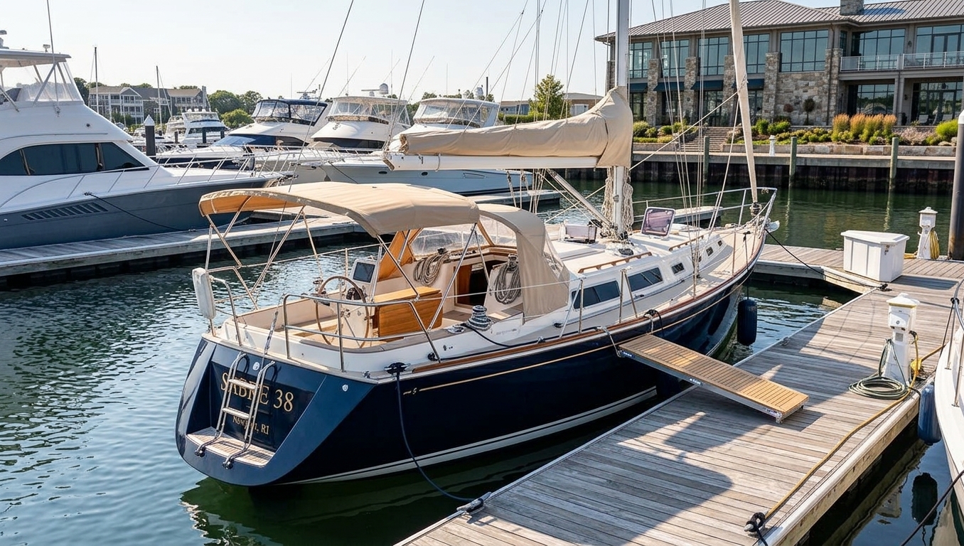 Bright teak interior saloon of Sabre 38 with table and settees