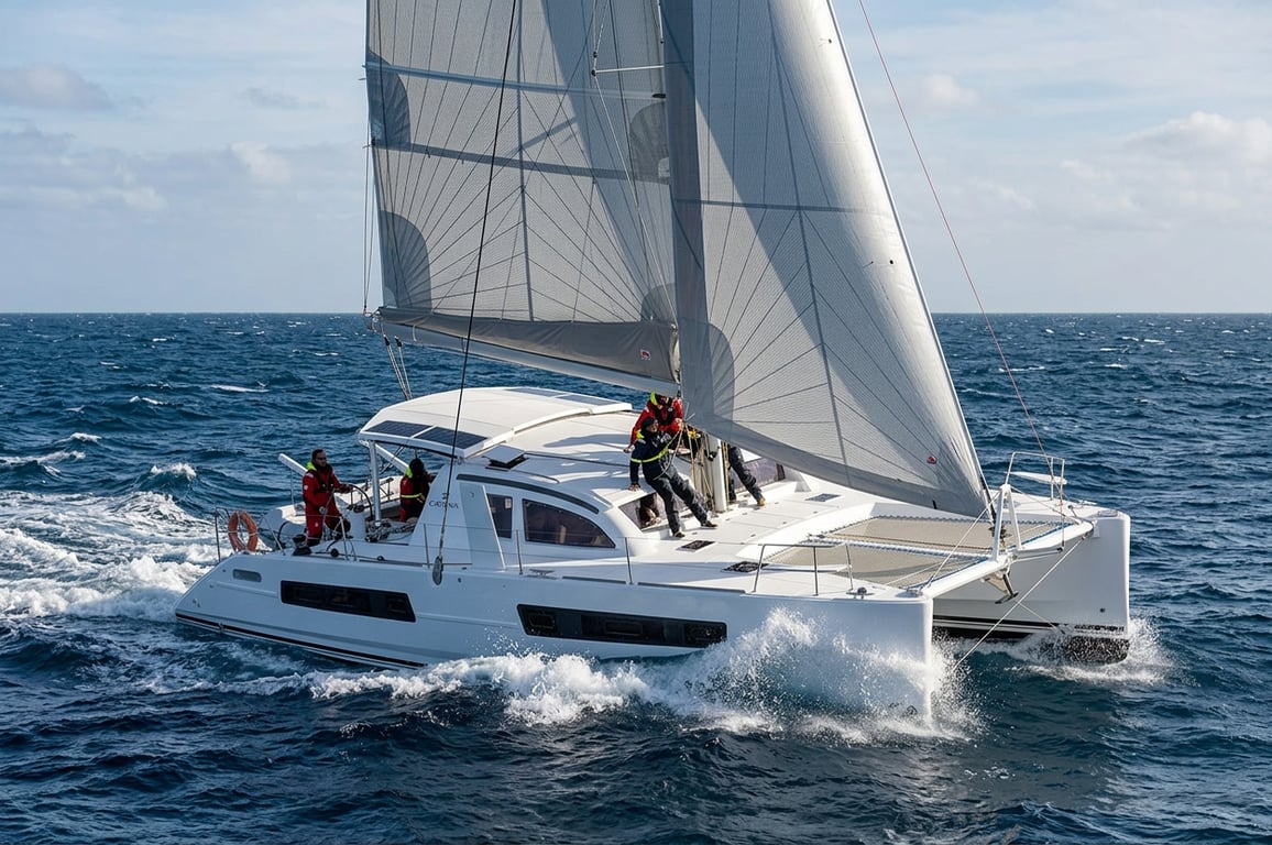 Twin engine installation and sail drives visible in port engine compartment of Catana 47