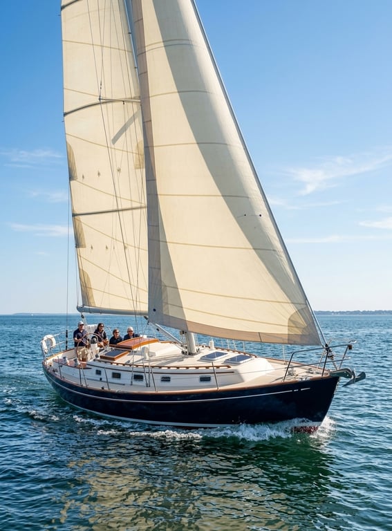 Valiant 40 cutting through moderate waves under mainsail and staysail rig