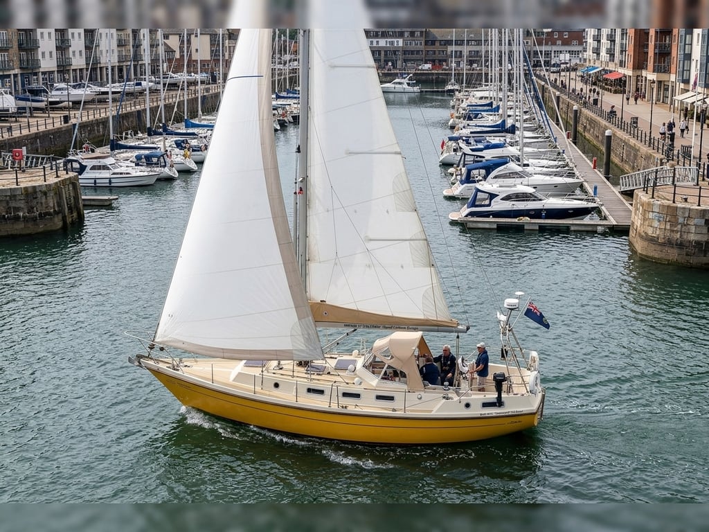 Mirage 37 deck view showing winches, mast base and cockpit companionway