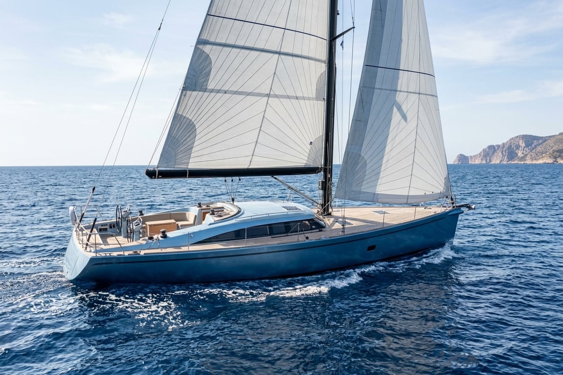 Close-up view of Shipman 50 hull construction and deck details