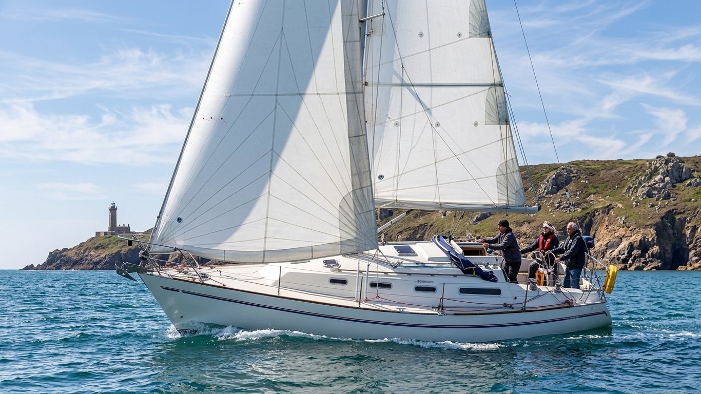 Close-up view of Sadler 34 hull and deck construction details