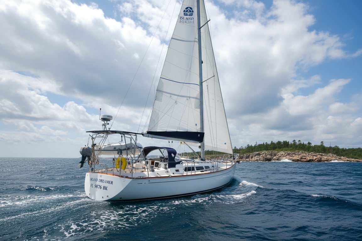 Island Packet 485 center-cockpit sailboat in marina slip, port beam shot with teak trim and bimini top