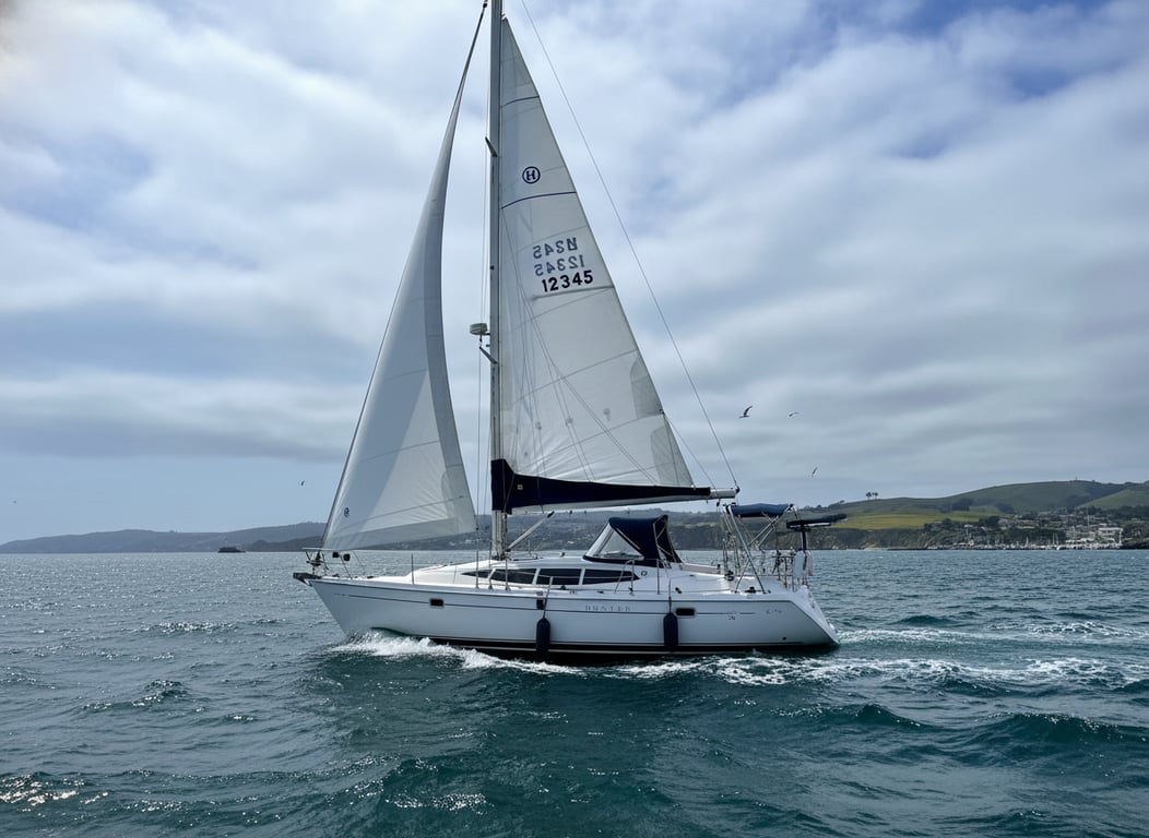 White Hunter 36 sailboat docked in marina, port side view with blue canvas bimini and polished rails