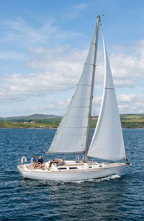 Deck view of Rustler 36 showing teak trim cockpit and mast rigging details