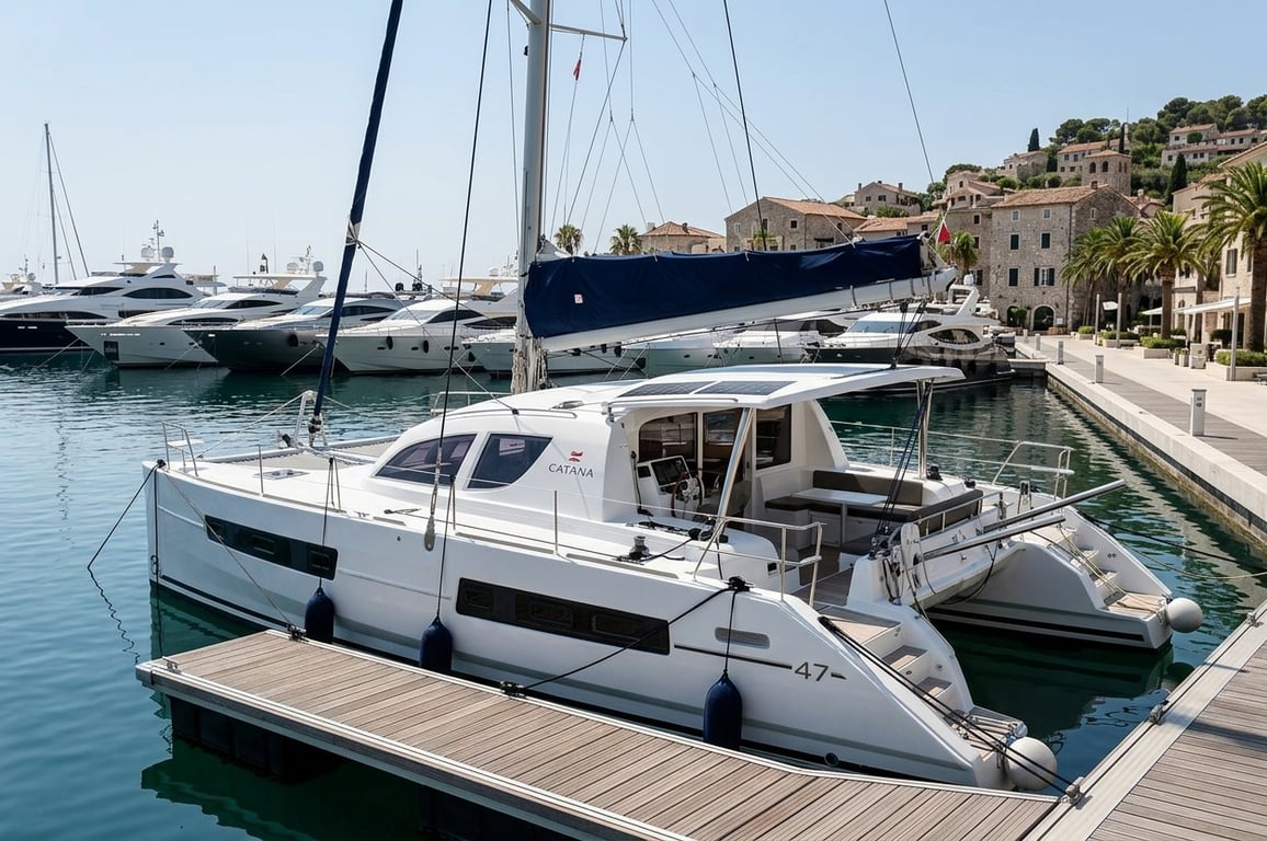 Bright saloon and galley interior aboard the Catana 47 performance catamaran