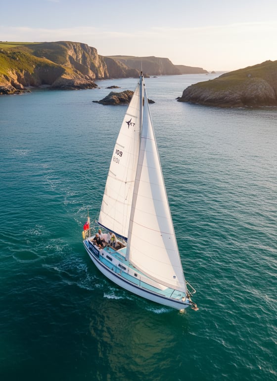Westerly Konsort 29 yacht sailing downwind on blue water, cream hull with mainsail and genoa fully deployed