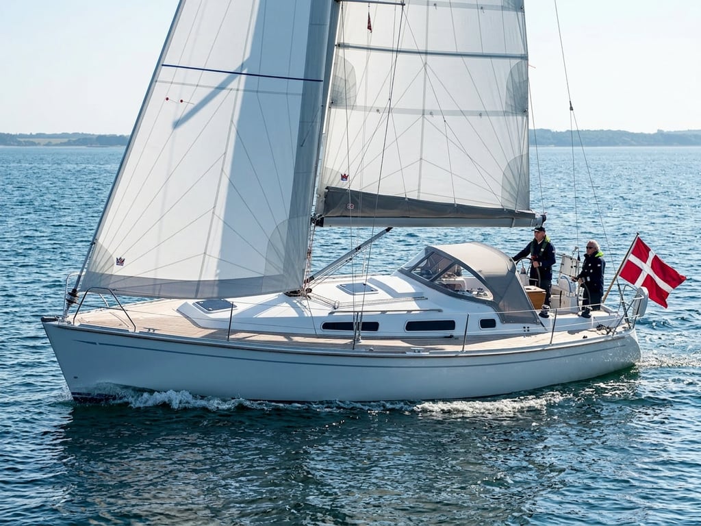 Faurby 396 sailing close-hauled with white sails on open sea