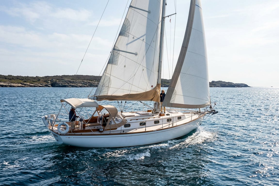Close view of Cape Dory 36 hull construction and full keel profile.