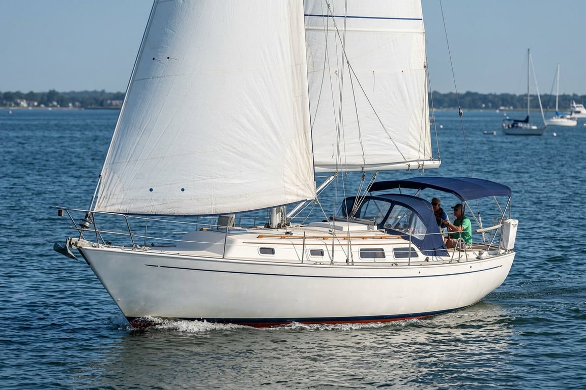 Niagara 35 heeling gently during coastal cruise in moderate wind