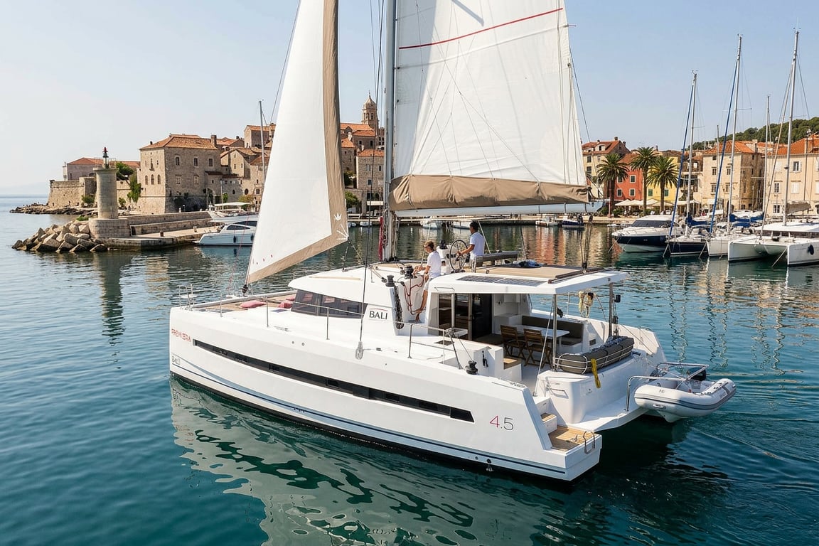 Close-up view of Bali 4.5 hull and rigid bimini structure