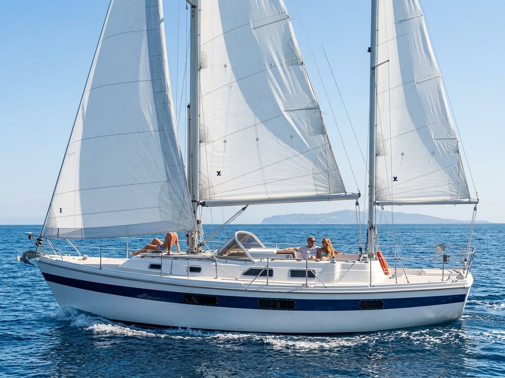 Coronado 35 sailboat underway with full sails on calm coastal waters