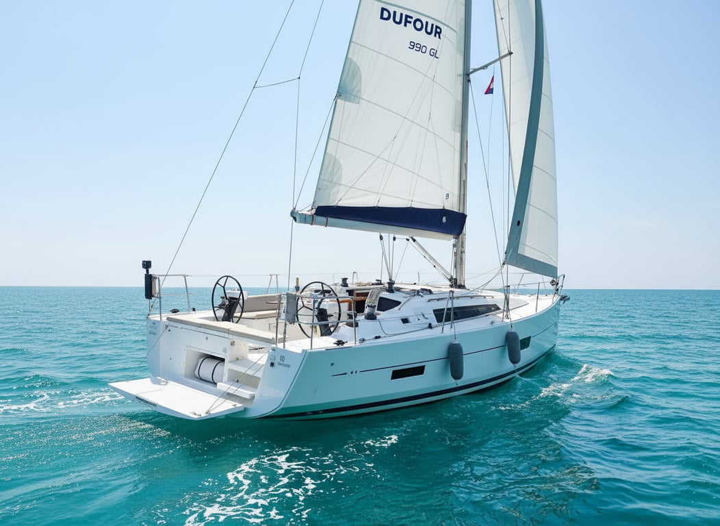 Sleek Dufour 390 Grand Large yacht at anchor, port side profile, turquoise water, modern deck features