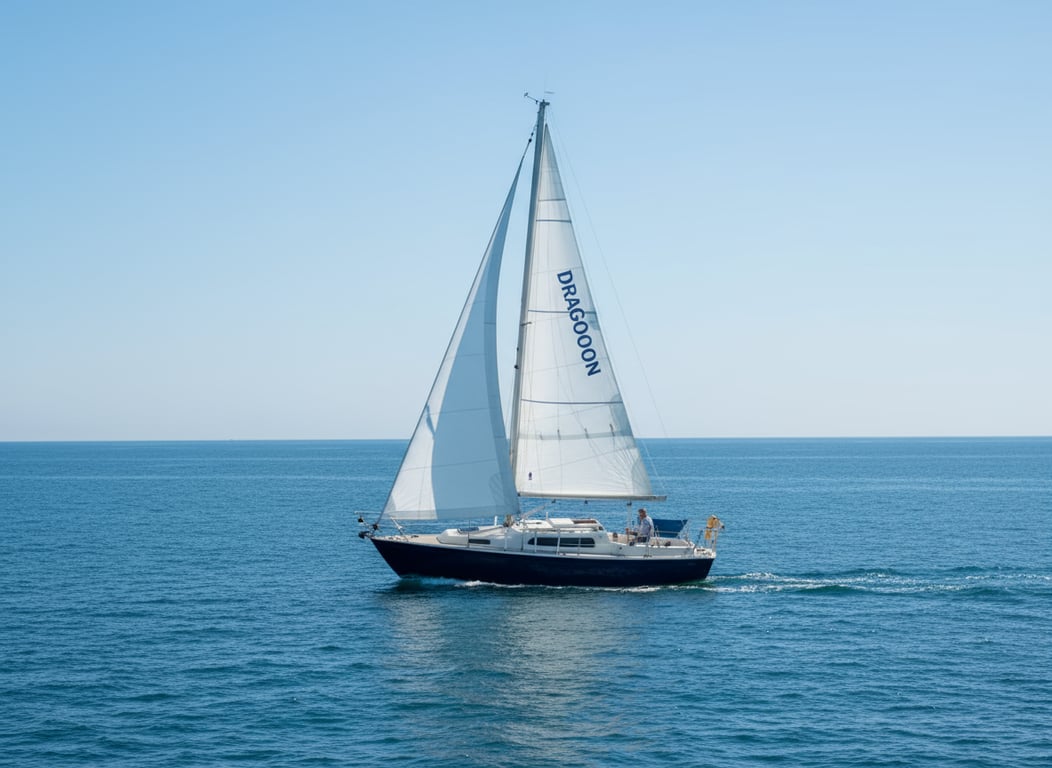 Vega 27 sailboat close-up bow wave action, white hull, heeling in moderate wind
