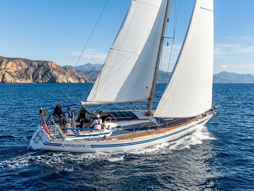 Detailed view of Aphrodite 101 deck layout and rigging hardware