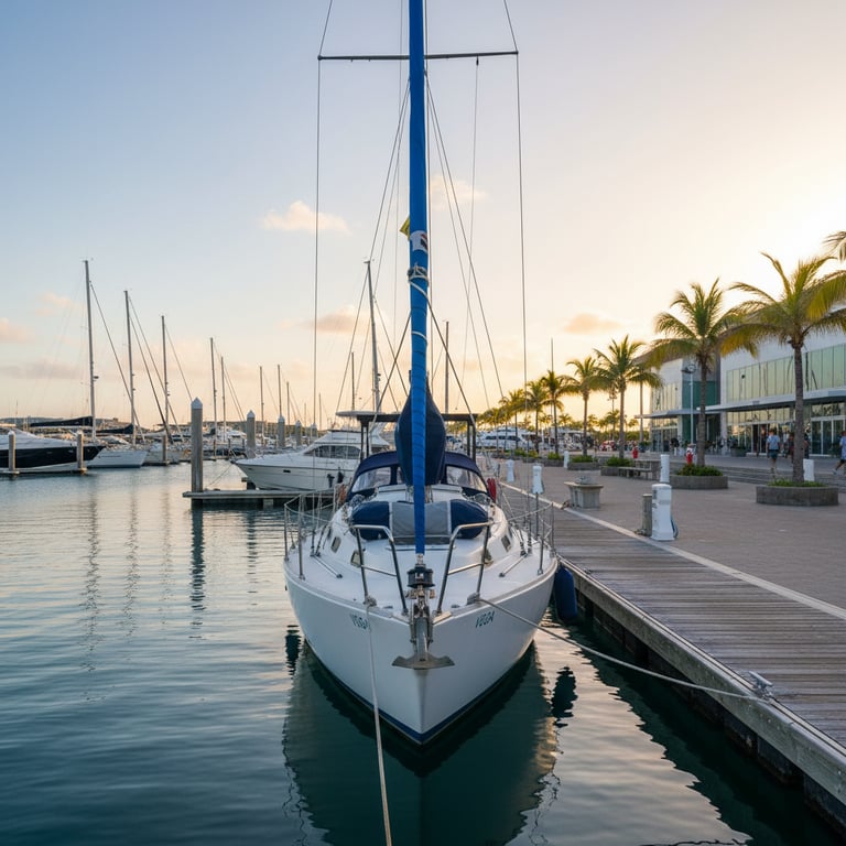 Albin Vega 27 yacht moored at marina, starboard view, blue hull reflecting sunlight