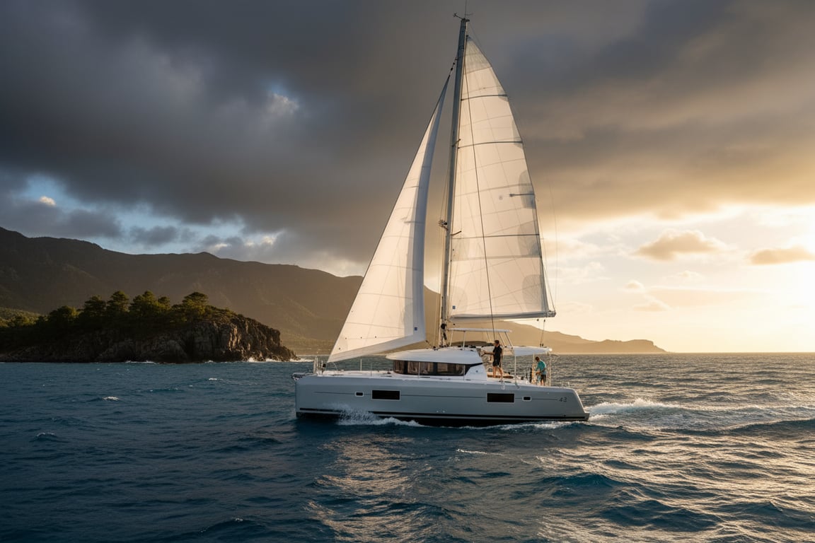 Lagoon 42 luxury catamaran docked in marina, glossy white hull, teak decking, aerial perspective