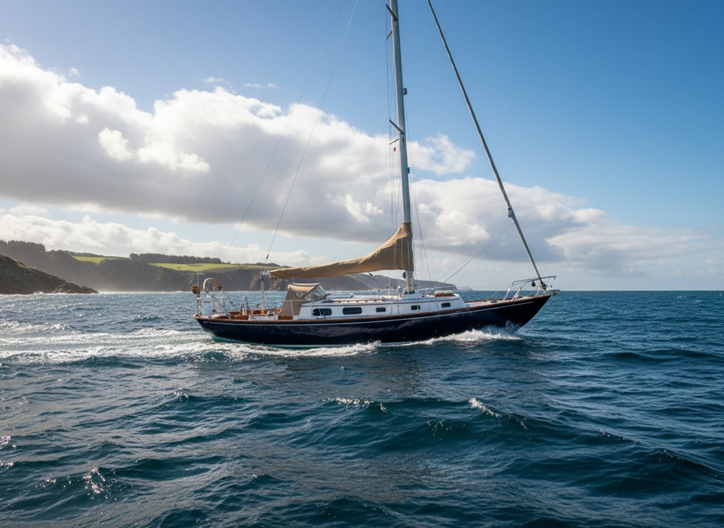 Bristol 40 sloop moored in marina slip, port beam angle, dark blue hull, varnished teak trim, quiet sunny conditions