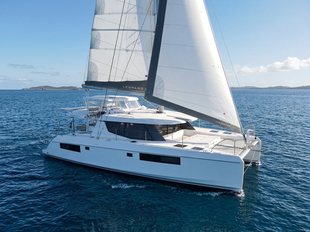 Leopard 45 catamaran sailing on open water under full sail