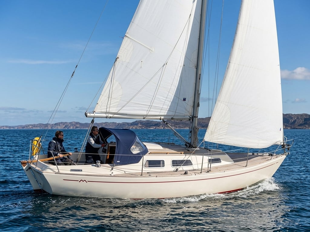 Marieholm 26 sailing on calm blue water with white sails raised