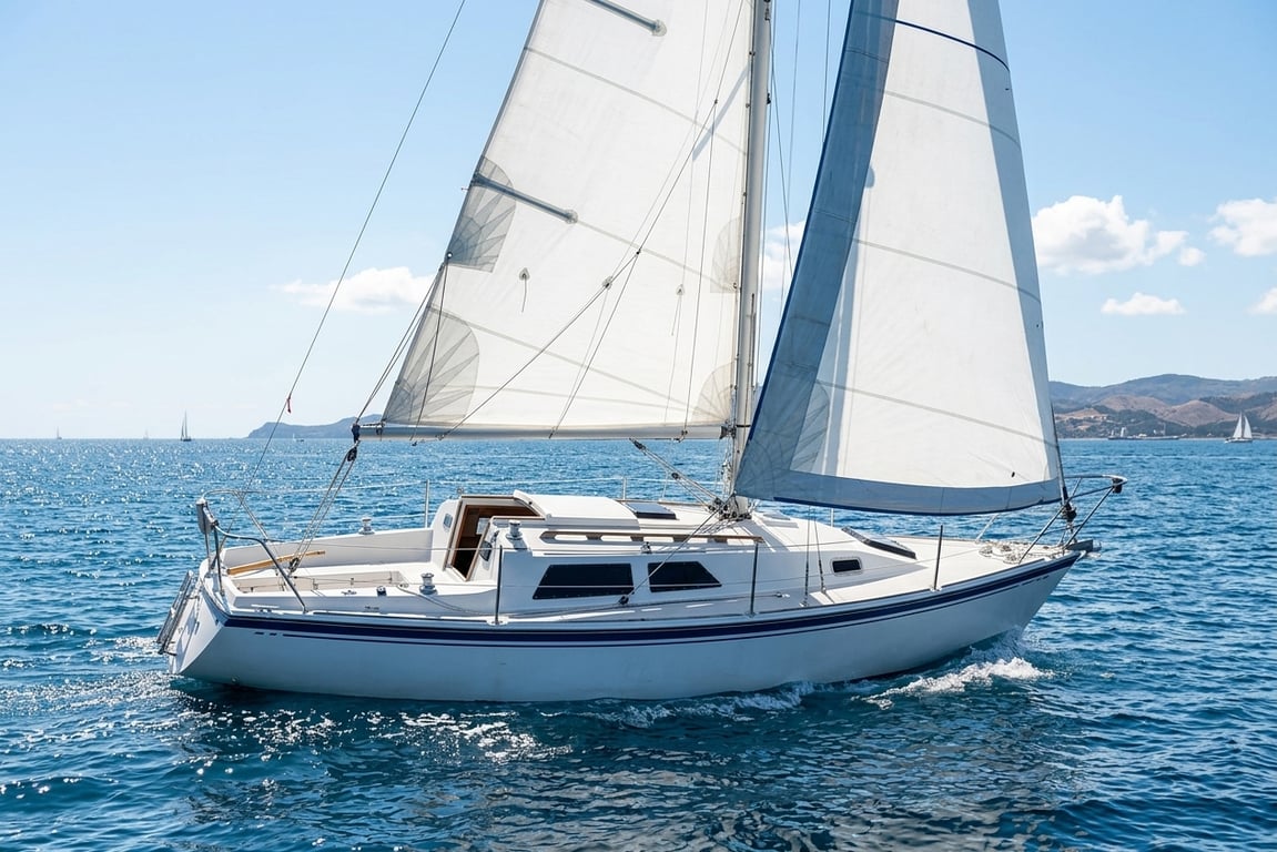 Close-up of fiberglass deck and cockpit area of an Irwin 10/4 sailboat
