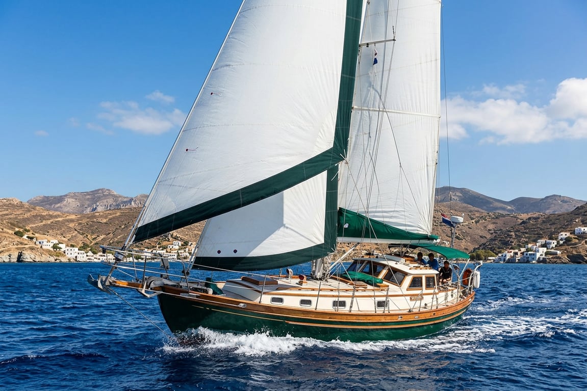 Profile view of Tayana 37 sailboat hull showing teak caprail and cockpit