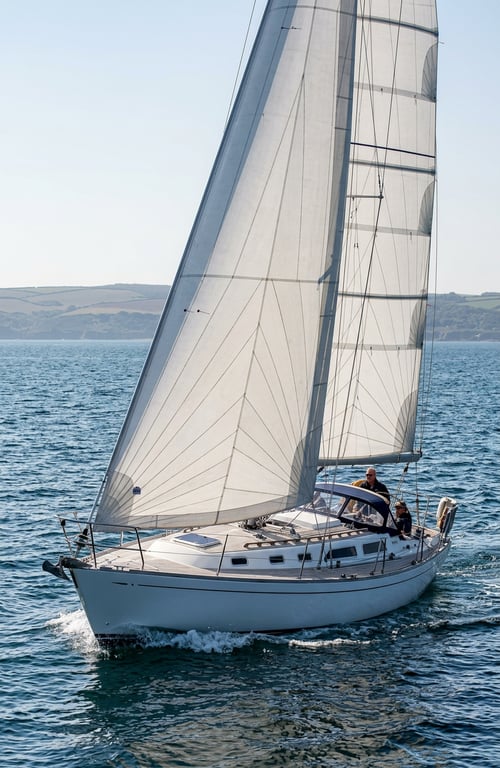 Rustler 36 under full sail demonstrating heeling angle and balanced rig offshore