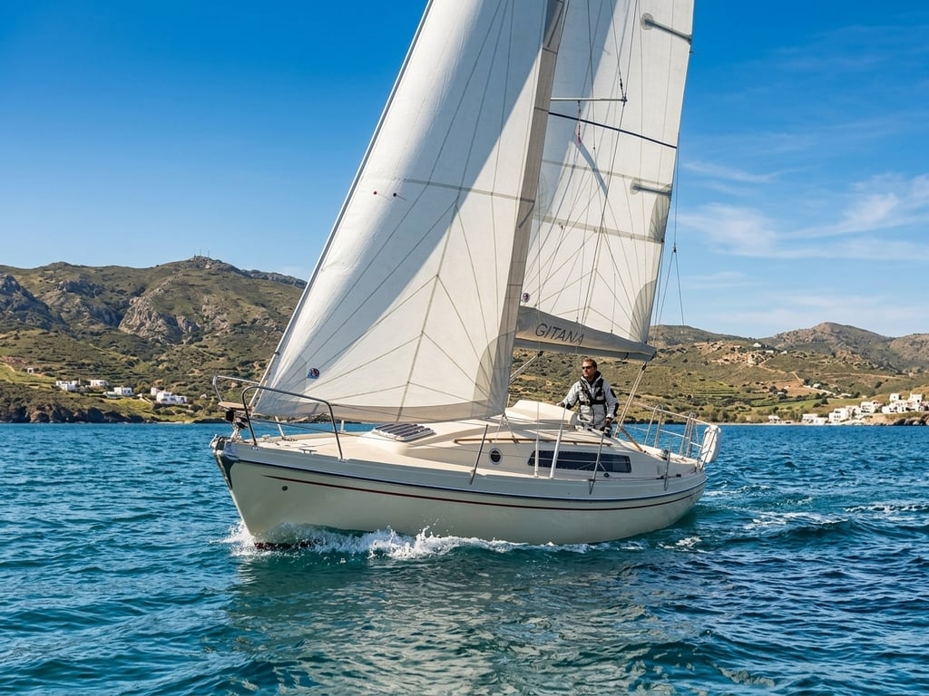 Detailed deck view of Sunbeam Gitana highlighting winches cockpit and rigging