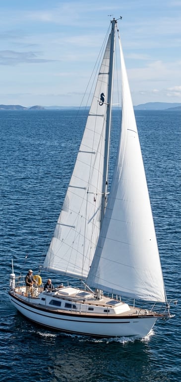 Close-up of Westsail Safari 37 hull and deck construction with classic lines