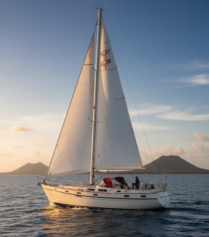 Luxury Nautical 39 yacht at anchor in harbor, bow profile under sunny skies with flybridge